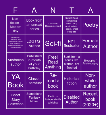 Fanta's Book Bingo 2022 Bingo Card