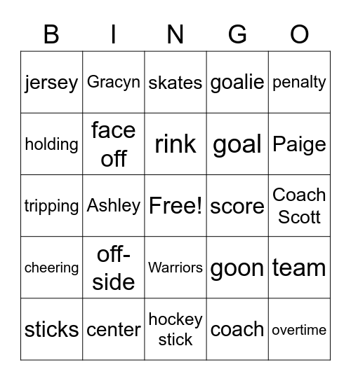 Chilliwack Warriors Hockey Bingo Card