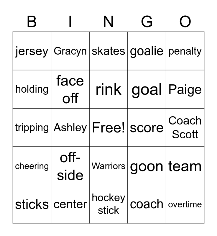 Chilliwack Warriors Hockey Bingo Card