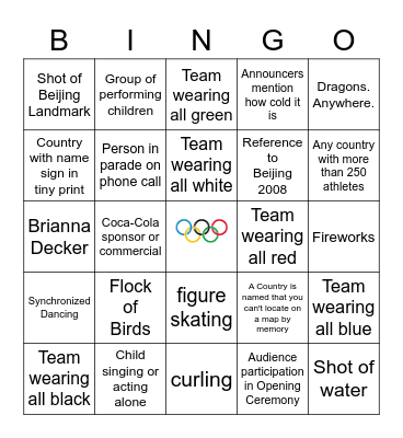Winter Olympics 2022 Opening Ceremony Bingo Card