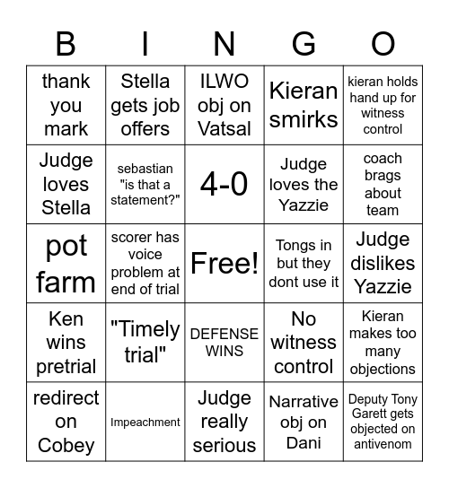 Mock Trial Bingo Card