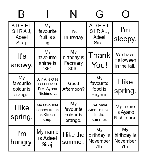 AA Please Come Here Bingo Card