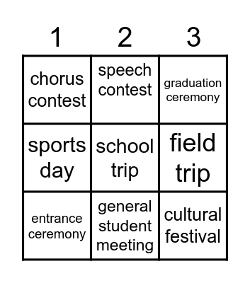 What events do you want to enjoy? Bingo Card