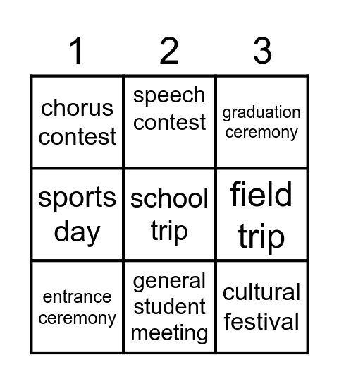 What events do you want to enjoy? Bingo Card
