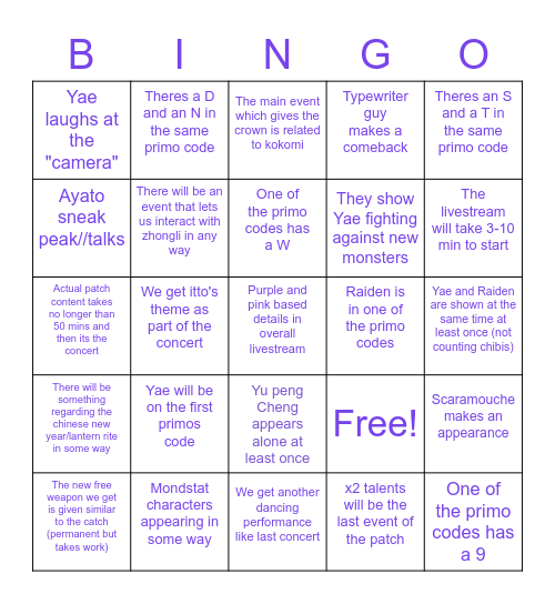 Water's bingo pog lets go Bingo Card