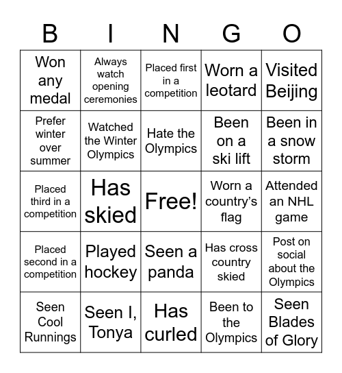 Olympics PubW Bingo Card