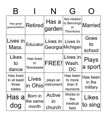 Benning Thornton Family  Reunion Bingo Card