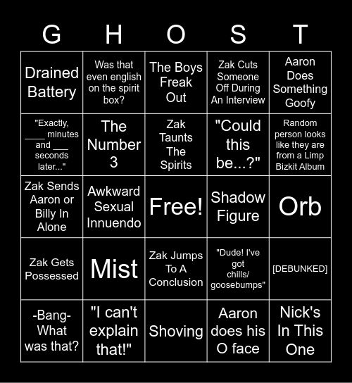 GHOST ADVENTURES Bingo Card