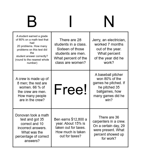 Percent Proportions Bingo Card