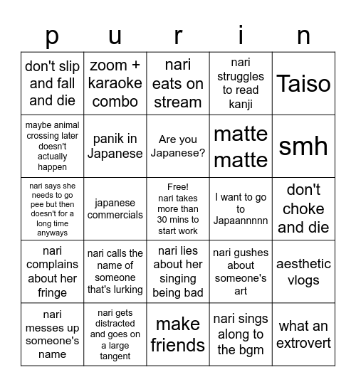 purinnari bingo Card
