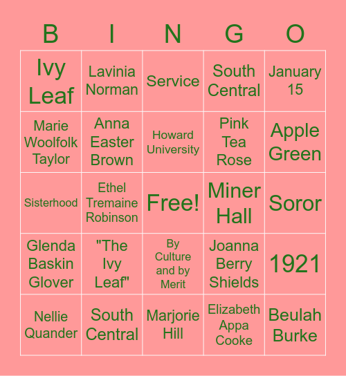 Alpha Kappa Alpha History Bingo Card