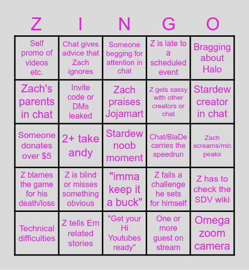 UnsurpassableZ Livestream Bingo Card