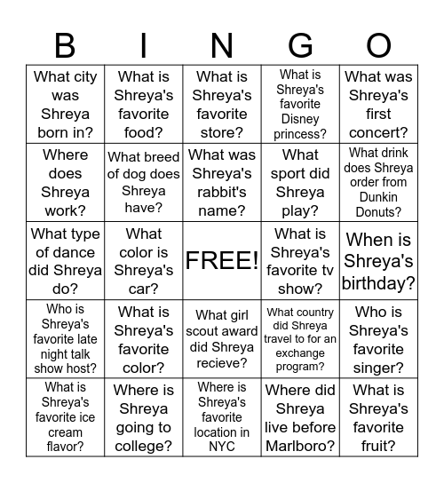 Shreya's Graduation Party Bingo Card