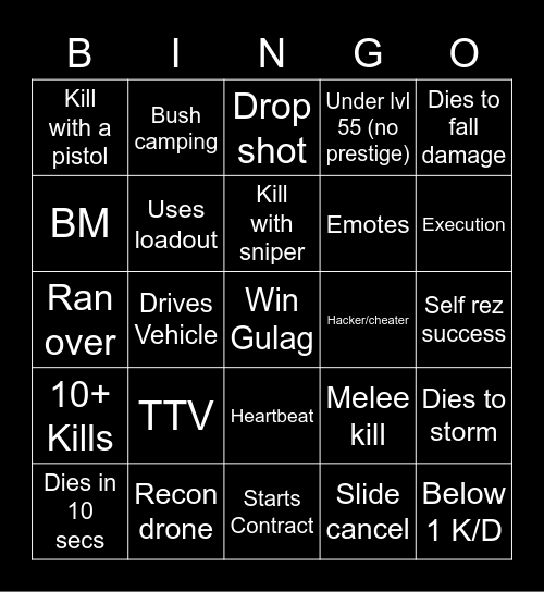 Warzone Spectate Bingo Card