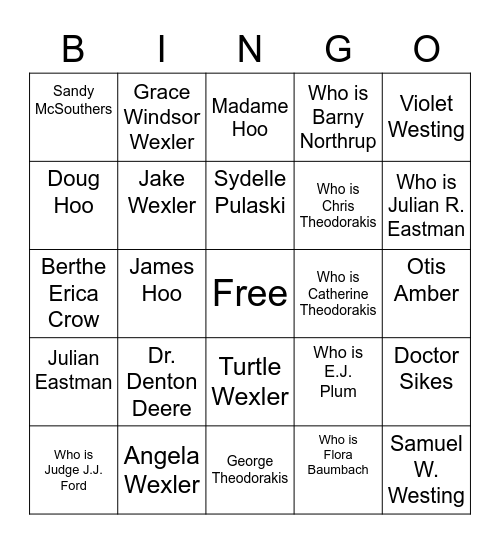 The Westing Game Bingo Card