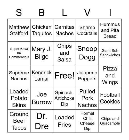 Super Bowl 56 Bingo Card