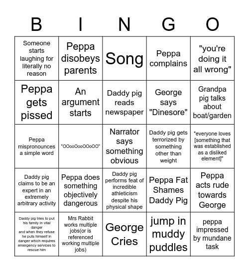 Peppa Pig Bingo Card