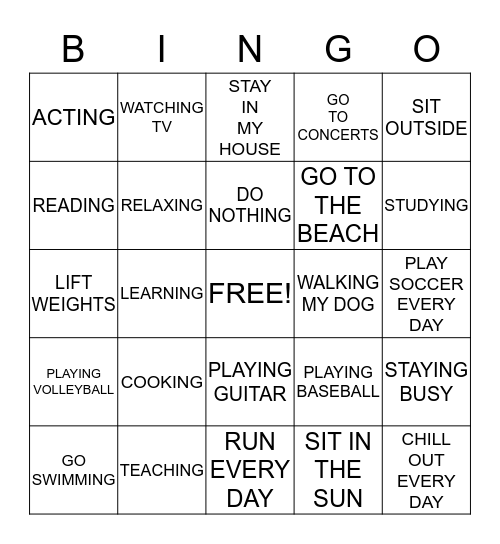 What do you enjoy / What are your summer plans? Bingo Card