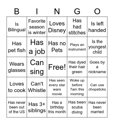 Speed Dating Bingo Card