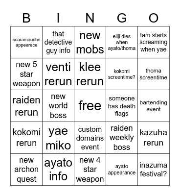 genshin 2.5 livestream Bingo Card