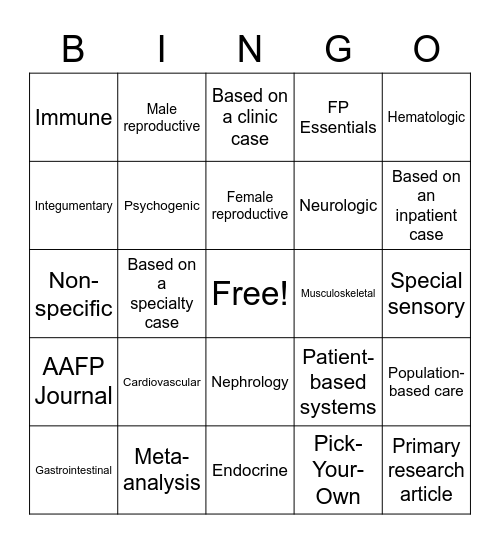 Medical Reading Bingo Card