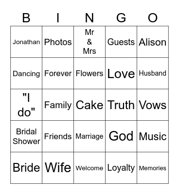 Alison's Bridal Bingo Card