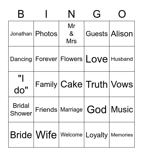 Alison's Bridal Bingo Card