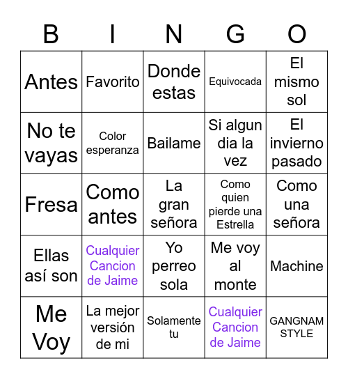 Canciones Bingo Card