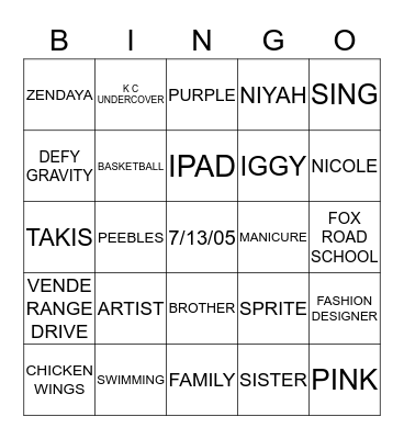 ANIYAH'S BINGO GAME Bingo Card