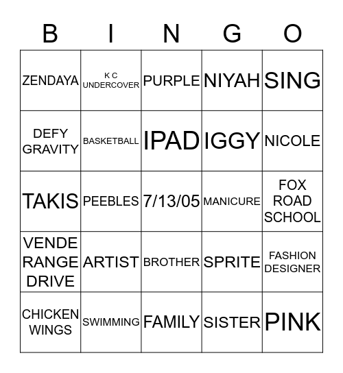 ANIYAH'S BINGO GAME Bingo Card