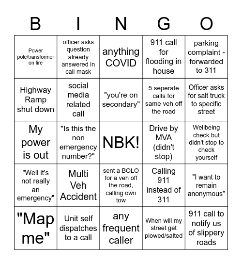 Ice Storm Bingo Card