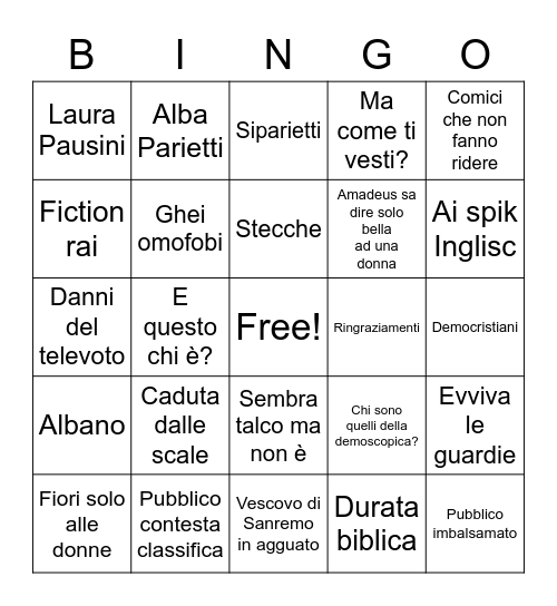 Sanremo Bingo Card