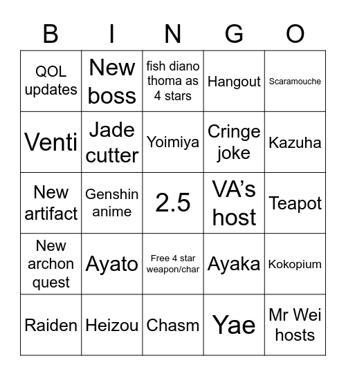 2.5 Livestream bingo Card