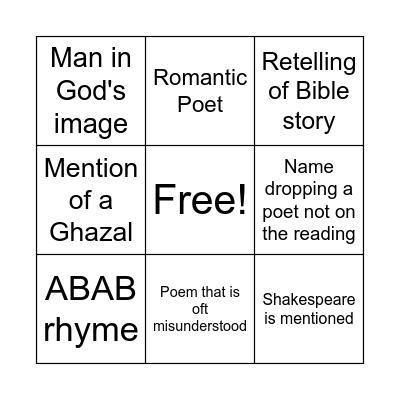 Agape seminar - Love Poetry Bingo Card