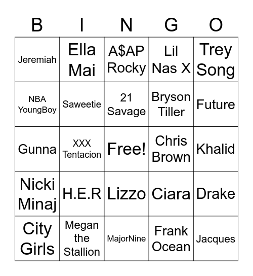 Current R&B & Hip Hop Bingo Card