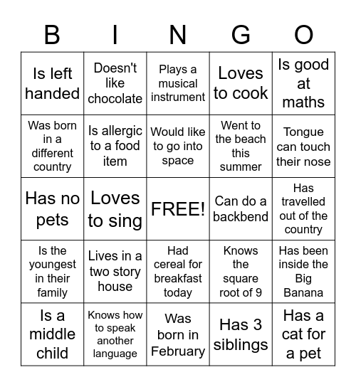 Each person can initial your paper twice only! Bingo Card