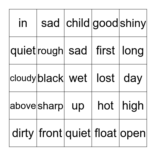 ANTONYMS Bingo Card