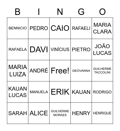 BINGO DE NOMES Bingo Card