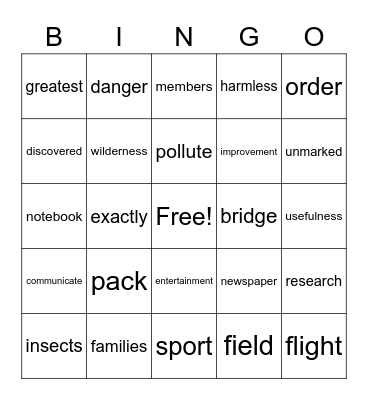 Vocabulary Words Bingo Card