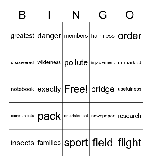 Vocabulary Words Bingo Card