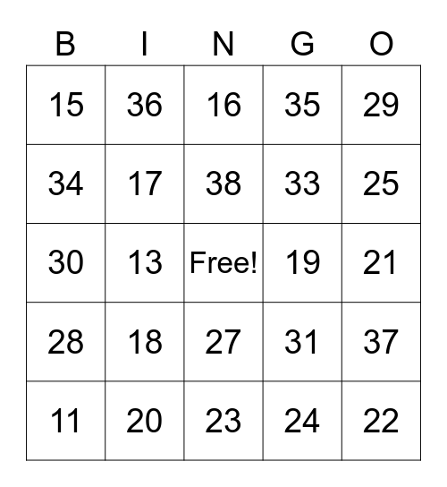 Numbers 11-39 Bingo Card