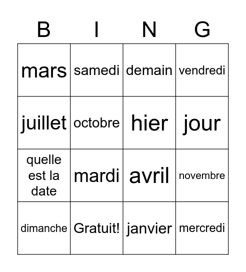 French Bingo Card