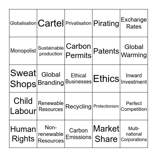 Competition, Ethics,Environment & Globalisation Bingo Card