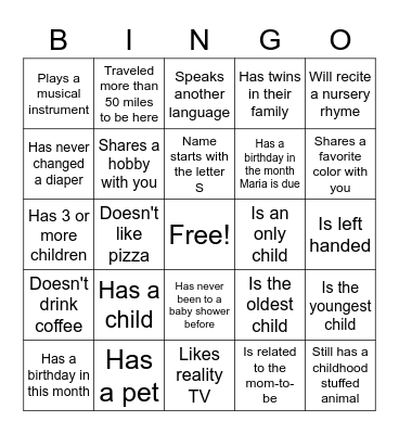 Baby Shower Bingo Card