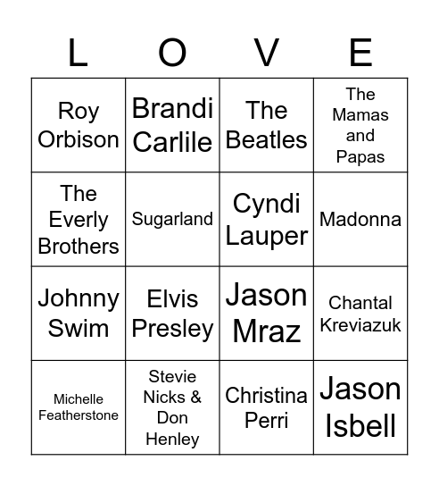 Love Songs Bingo Card