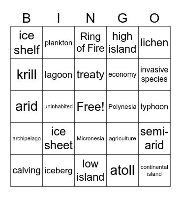 Australia, Oceania, and Antarctica Bingo Card