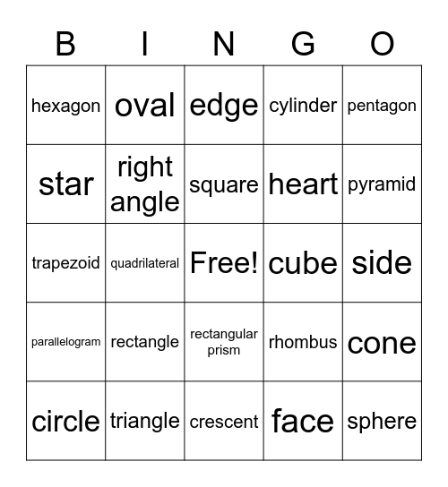 Shapes (second grade) Bingo Card