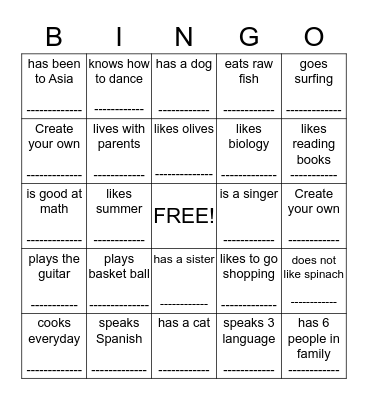 My classmate..... Bingo Card