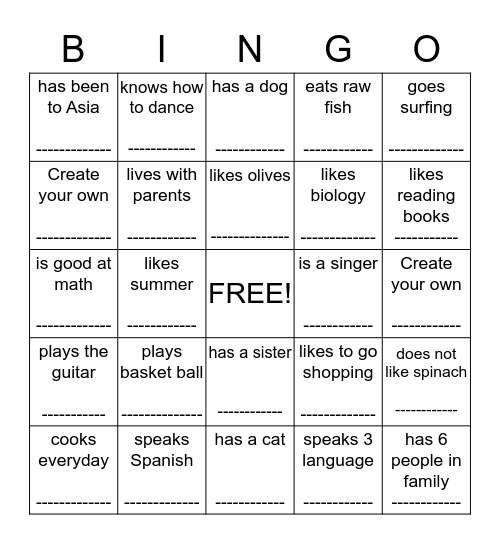 My classmate..... Bingo Card