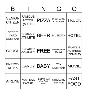 Super Bowl LIX - TV Commercial Bingo Card